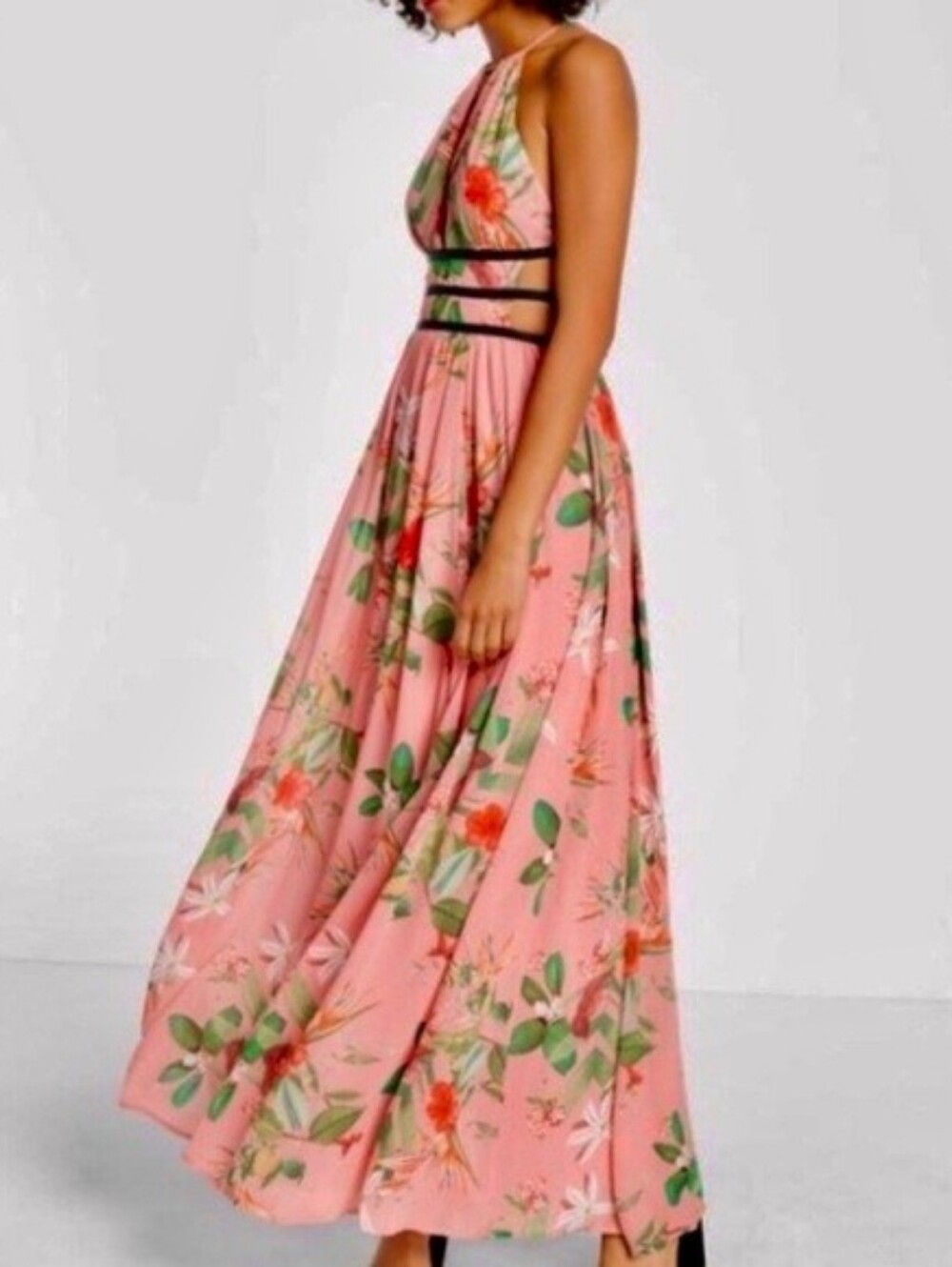 Express Pink Floral Halter Maxi Dress with Black Cut Out Waist Straps